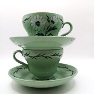 Wedgwood Aster Celadon Green Teacup Saucer Set of 2 England